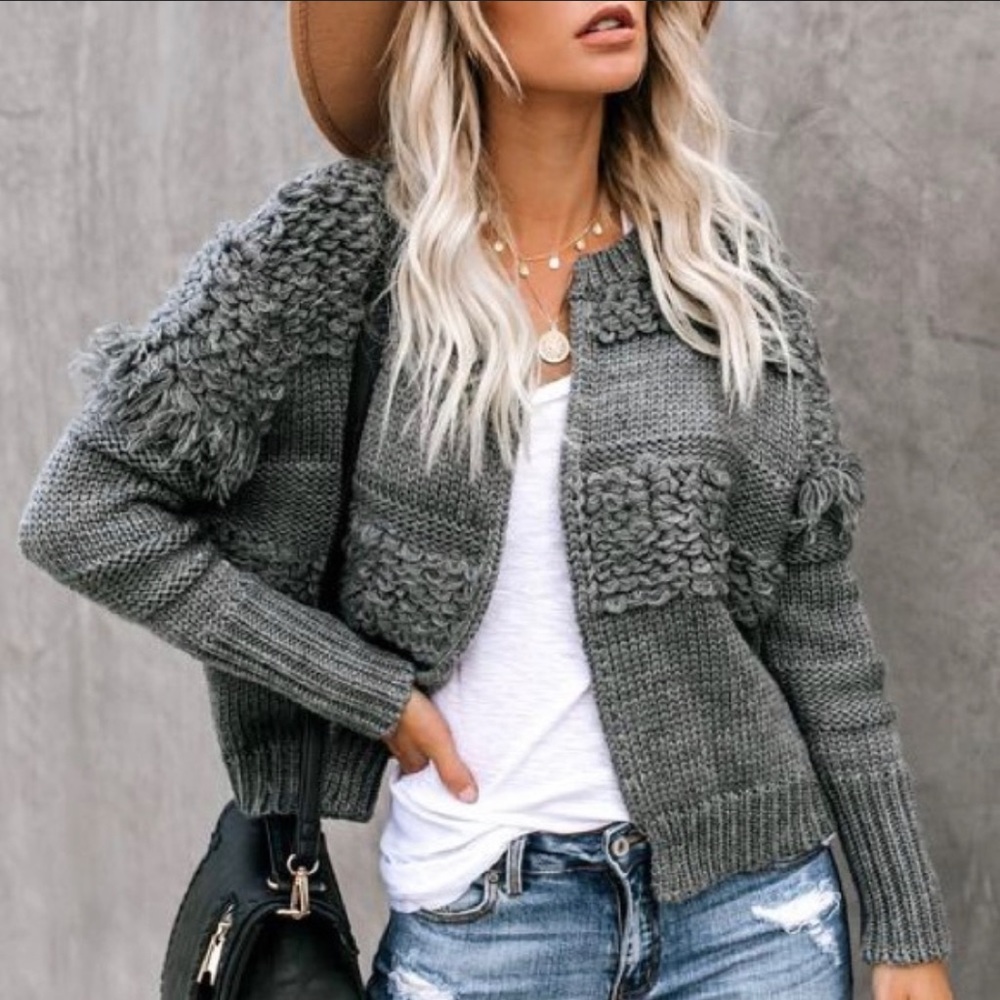 Vici Collection SMALL Grey Fringe sweater Jacket